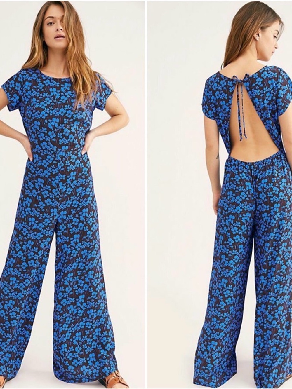 Free People Hailee Blue Floral Open-Back Wide-Leg Jumpsuit Size Large
